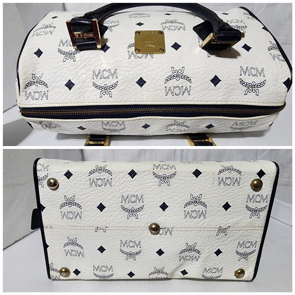 MCM Vintage Coated Canvas visetos Handle Bag Navy Blue/White - Picture 9 of 14